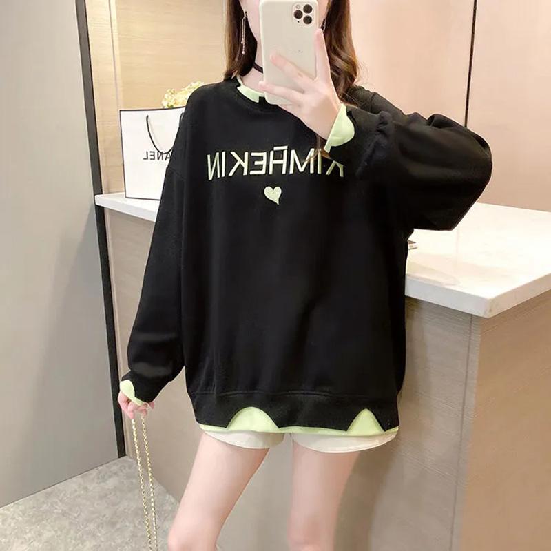 Cotton Sweatshirt Women Autumn Spring Large Size Loose Mid-Length Round Neck Sweatshirt Casual Versatile Long Sleeve Tops