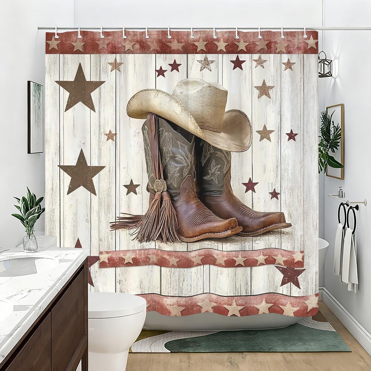 

Vintage Western Style Polyester Shower Curtain - Rustic Themed Bathroom Decor With Cowboy & Wooden Scene Prints W60H190(CM)-1 Pcs