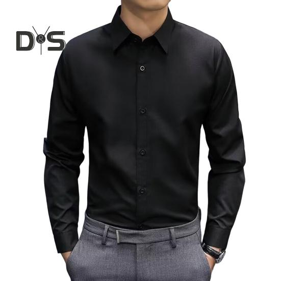 

Мужская официальная рубашка в деловом стиле с отложным воротником и длинными рукавами, однобортная рубашка для офиса и встреч, однотонная M