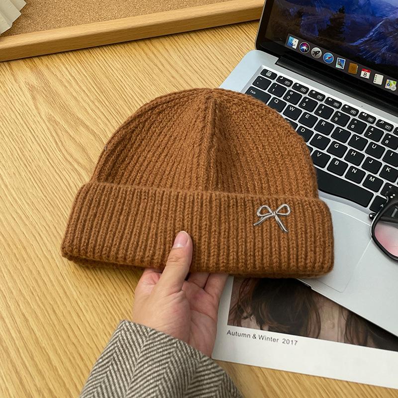 Korean Style Simple and Versatile Bow Knitted Hat Autumn and Winter Outdoor Warm and Cold Proof Woolen Hat Showing Face Small Baotou Cold Hat