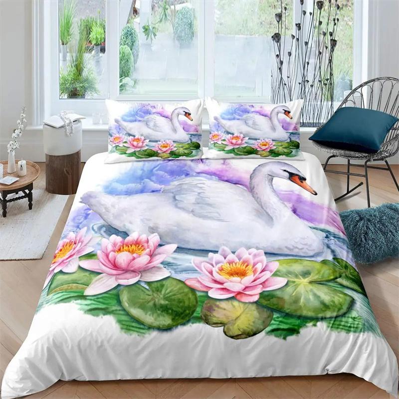 3D Lotus Flower Painting Duvet Cover Polyester Quilt Cover with Pillowcases King Queen Size for Kids Teen Adults Bed Decor Gifts