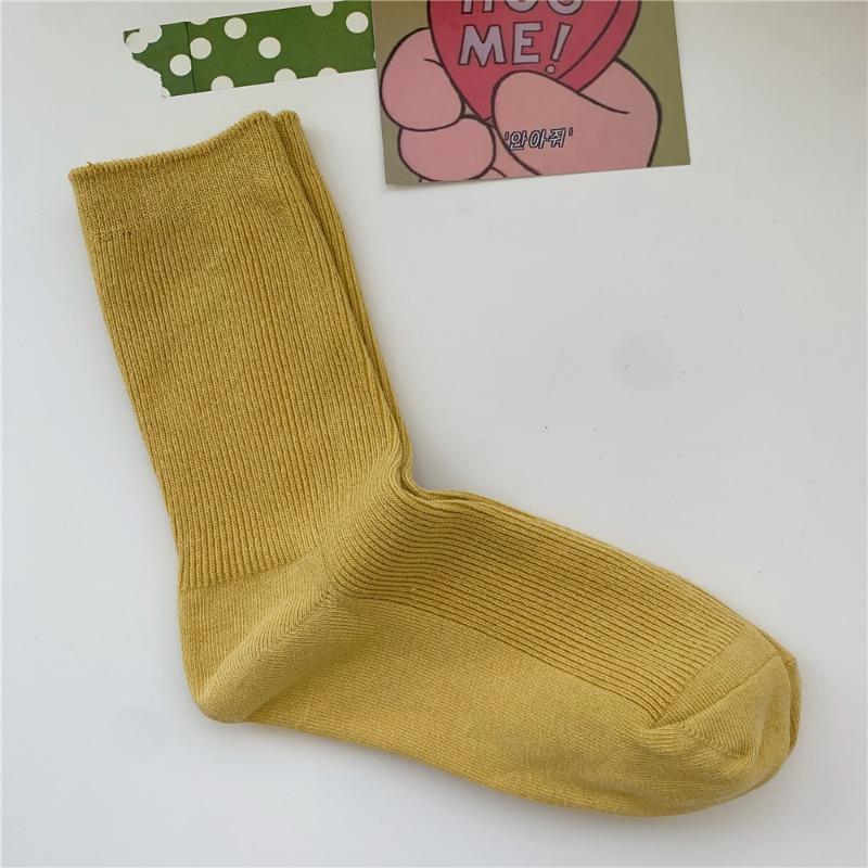 Bomull Ensfarvede Sokker for Kvinner, Høst Tynne Tynne Stripete Frotte-sokker for Kvinner, Midt-legg Sokker