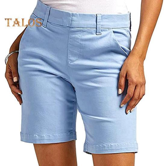 Shorts femininos de verão, slim fit, reto, comprimento até o joelho, esportivo, cor sólida, bolsos, cintura alta, casual, uso diário, shorts