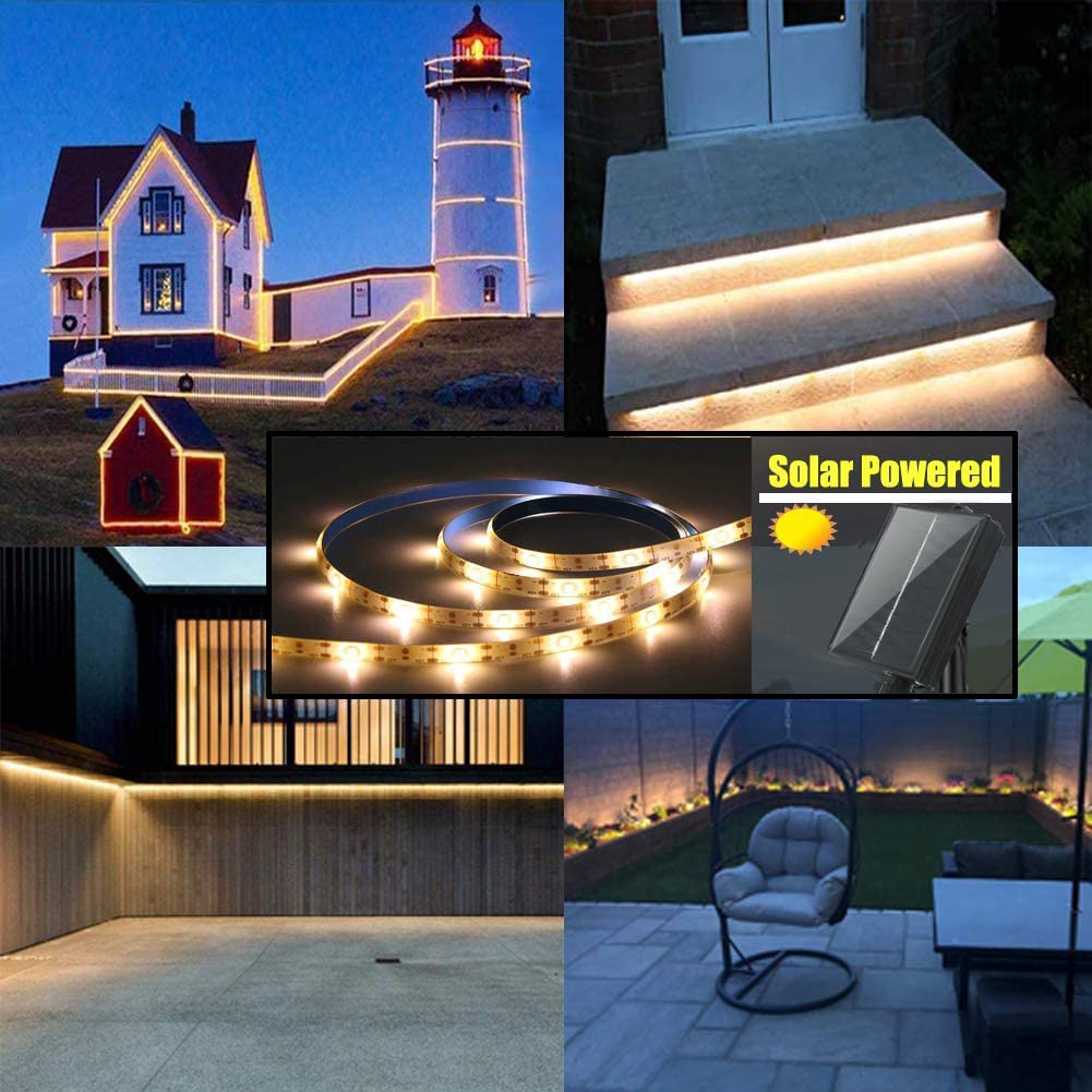 Solar Powered Multi Color or Warm White LED Strip Lights Outdoor, Remote with 8 Lighting Modes, IP67 Waterproof for Garden House