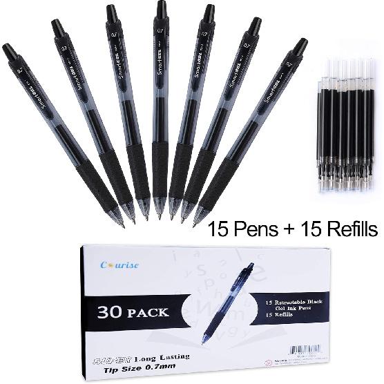 30 Pack Black Gel Pens, Retractable Medium Point Gel Ink Pens Smooth Writing for School Office Home, Comfort Grip(15 Pens with 15 Refills)