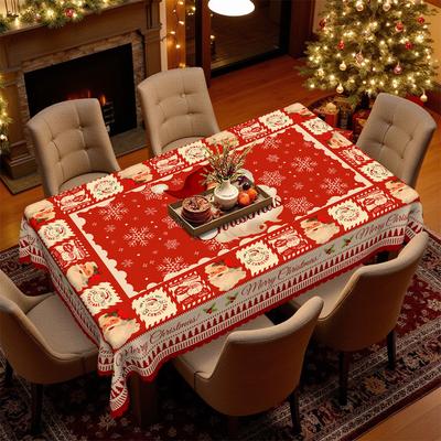 Nappe de Table Ronde et Rectangulaire de Noël, Tissu Décoratif de Nappe de Noël Père Noël Rouge Rennes Flocon Arbre de Noël