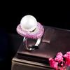 Cmm jóias tamanho ajustável micro pave rosa vermelho zircônia cúbica brilhante feminino grande oval anéis de pérola artificial para festa de casamento