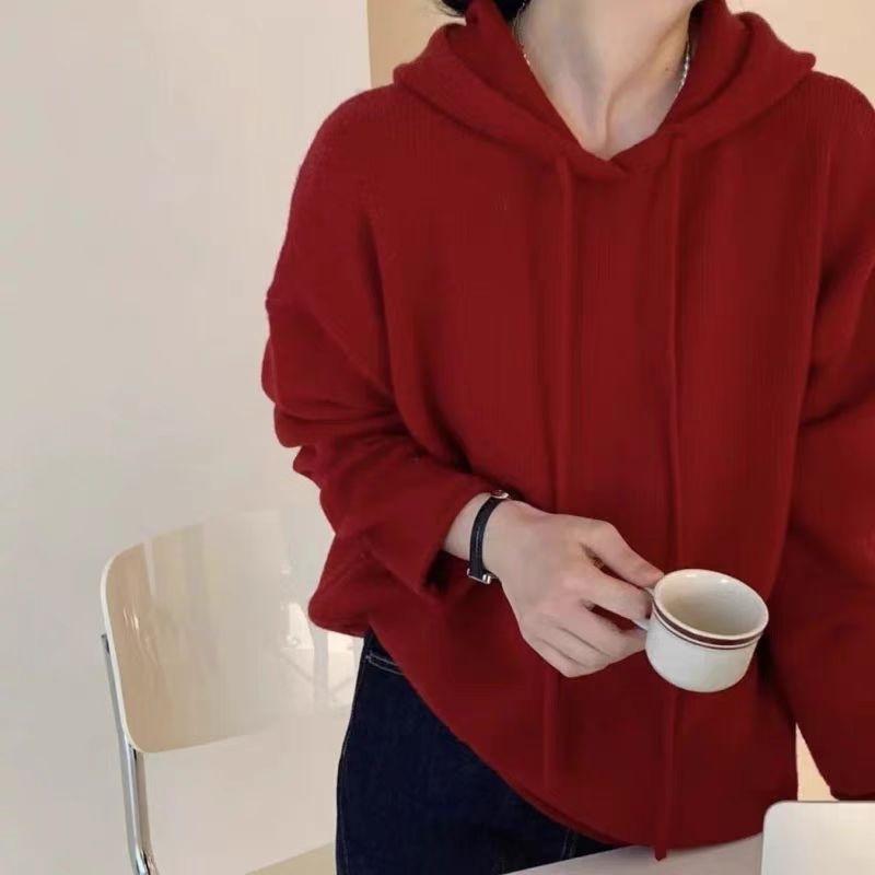 

Solid Color Loose Pullover Sweater Hooded Knitted Sweater Top for Women S красный