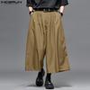 INCERUN Men Zip-up Waist Solid Color Casual Loose Cropped Straight Pants