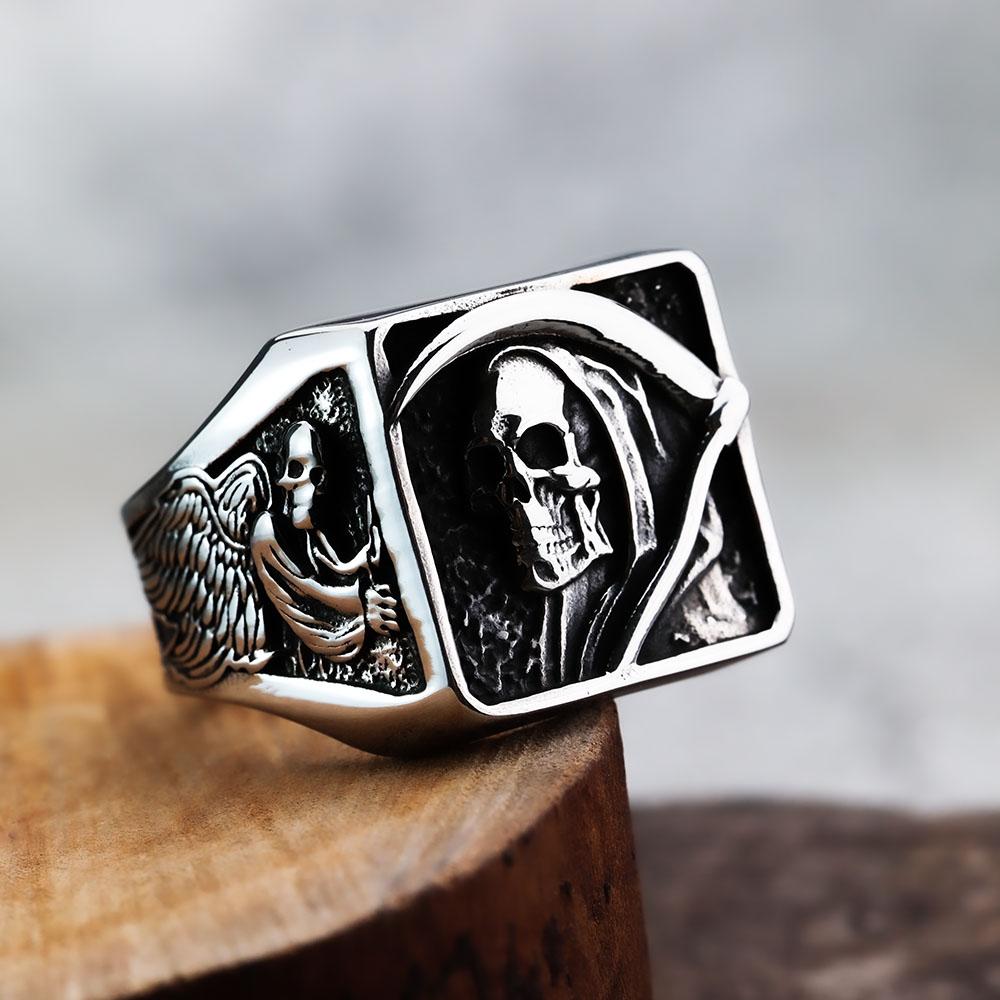 

European and American Retro Stainless Steel Punk Ring Solid Halloween Grim Reaper Skull Ring 7 серебряный
