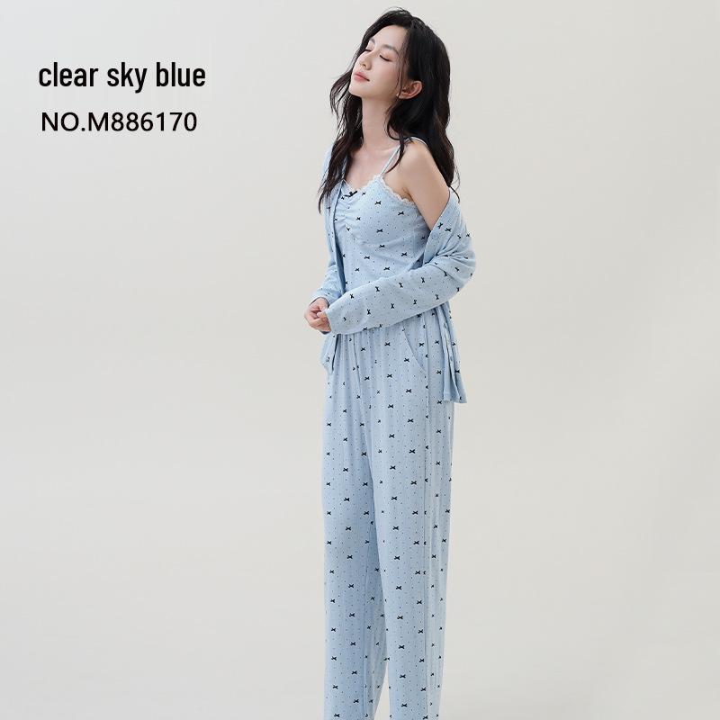 

Women s Polka Dot Pajama Set: Long-Sleeve with Built-In Bra, Lightweight Cardigan, Trendy Home Wear—Three-Piece Set for Spring & Autumn. Extra Large