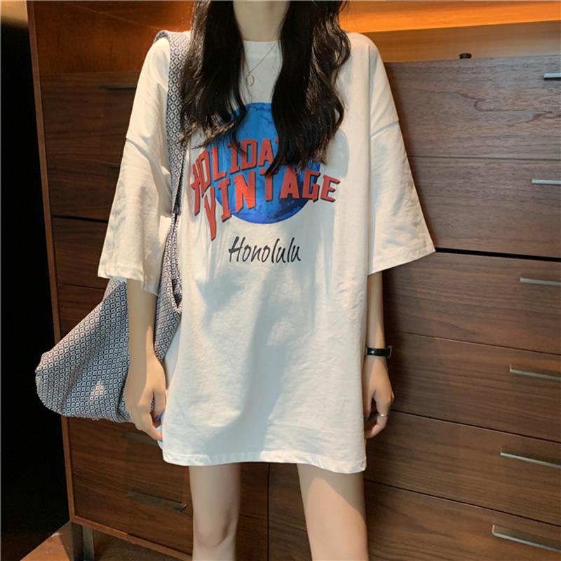 Plus Size Loose Fit plus Size Cotton T-irt ort Sve Mid-Length Casual Top Korean Sle round Ne Print Summer Faion for Women