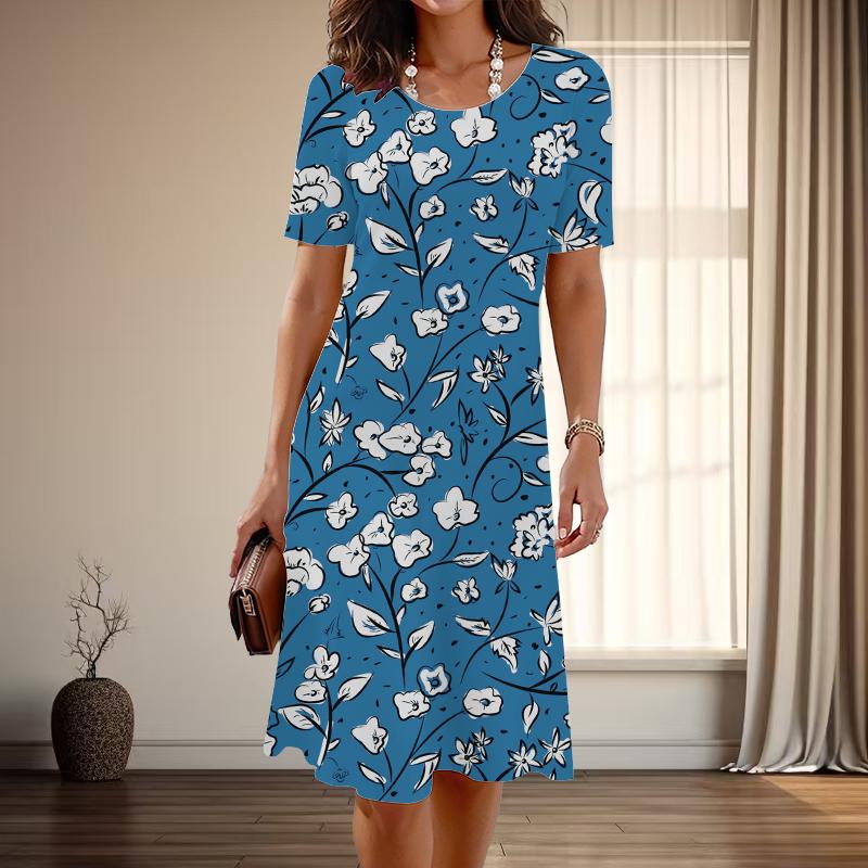 

Женская мода изящный цветочный принт принт лето весна короткий рукав О-образный вырез повседневные платья 5XL