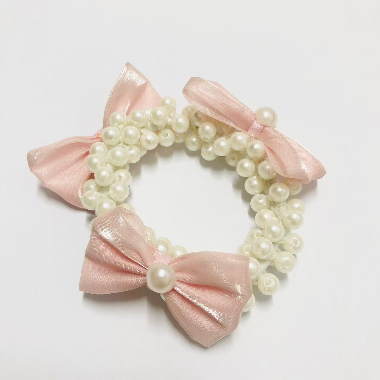 Hot Selling Kids  Pearl Bow Hair Tie - Cute & Elastic Hair Accessories for Girls розовый