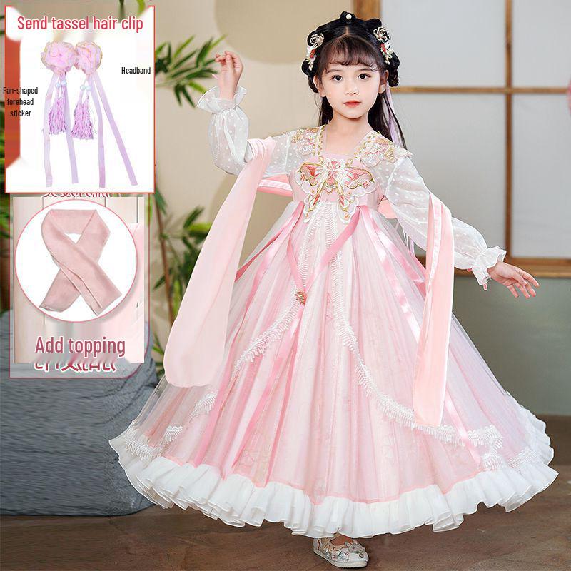 2025 Spring Girls  Hanfu: Fairy Ruqun Dress for Little Girls - Ancient Style Tang Suit for Spring and Autumn Size 100, 20-28 lbs