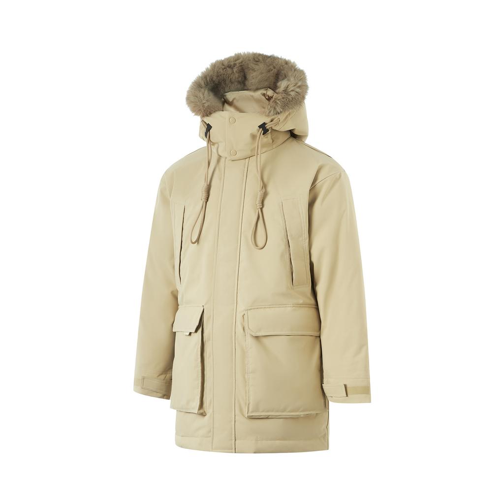 Li Ning Sports Trend Series Jednobarevná Mikina s Kapucí na Zip Odolná proti Chladu Zimní Outdoorová Středně Dlouhá Péřová Bunda Pánská Svrchní Oblečení Mléčně-Khaki AYMU361-2