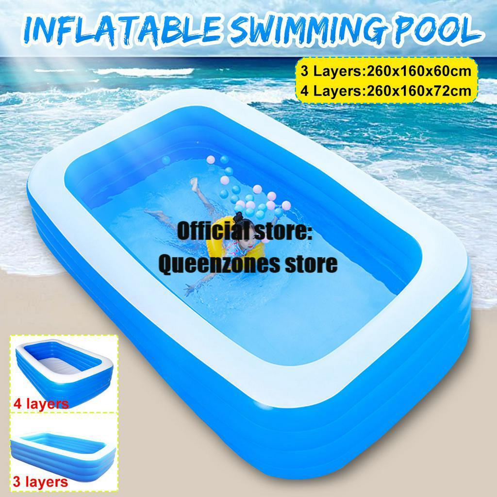 Blue 3 Layers / 4 Layers Rectangular Inflatable Swimming Pool Bathing Tub Outdoor Summer Swimming Pool Paddling Pool For Kids 260x160x60/72 CM