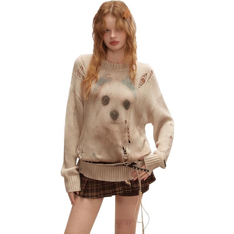 

UNIFREE Retro Dog Print Ripped Knit Sweater for Women M