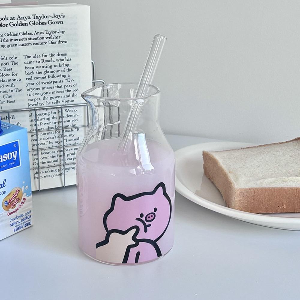 

Portable 600ML Korean Coffee Cup Glass Modern Design Sippy Cup Cute Pattern Large Caliber Juice Cup For Brewing Coffee Matcha