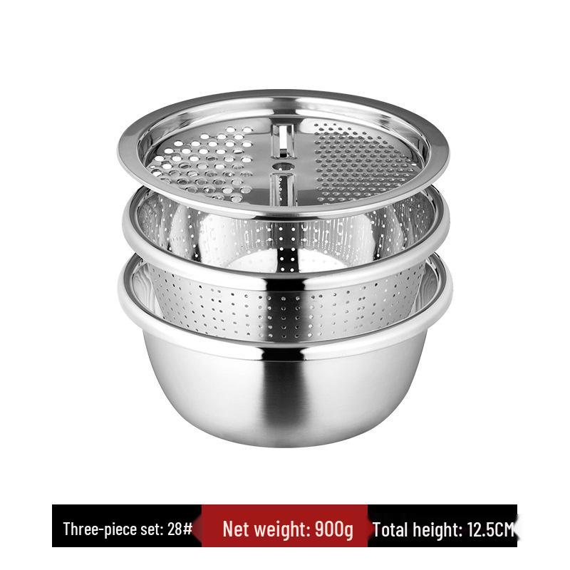 3-in-1 Stainless Steel Kitchen Set: Vegetable Washing Basin, Drain Basket, Grater, and Rice Sieve.