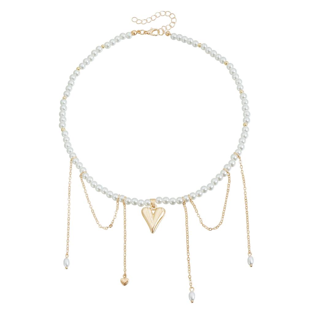 Charm Temperament Baroque Pearl Beaded Choker Gold Color Heart Pendant Pearl Tassel Chain Necklace for Women Women Party Jewelry