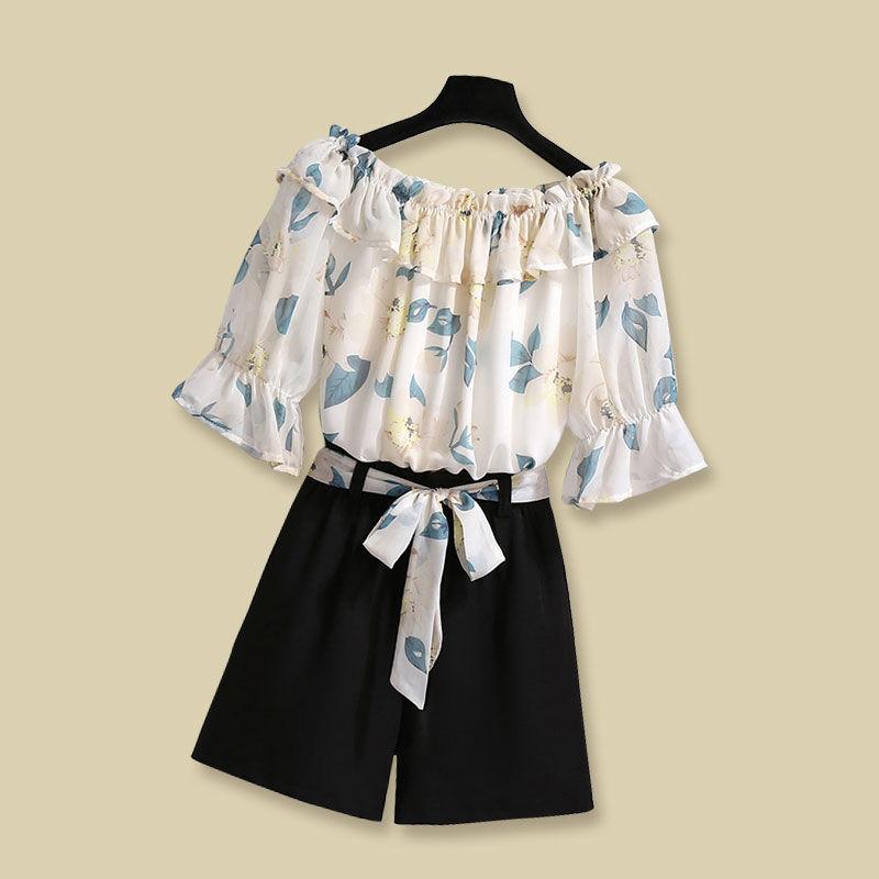 

Женский костюм большого размера, костюм для похудения живота, рубашка из двух частей + короткая юбка. Элегантный и милый темпераментный шифон, легкая и тонкая ткань. M