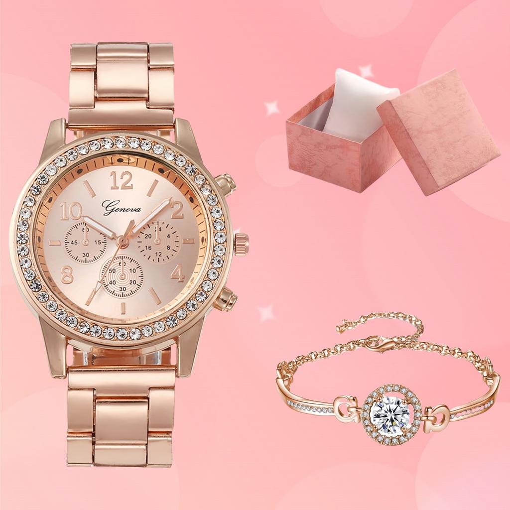 Three-eye Watch with Diamond Alloy Steel Belt Watch Women's Geneva Quartz Watch Set