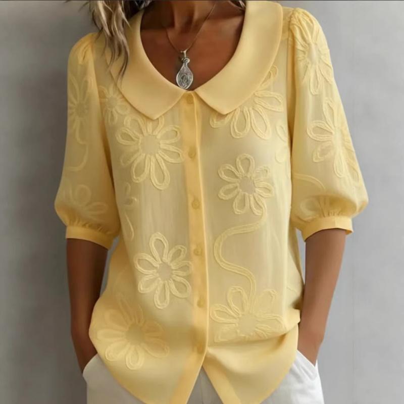 Camisa de Mujer Casual Vintage Holgada con Botones Bordada Floral de Manga Media Nueva Primavera/Verano 2026