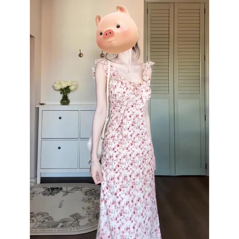 Sweet little fly sleeve suspender floral dress children's summer new seaside vacation temperament long dress