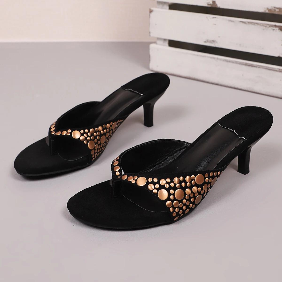 

Fashion New Black Rivets Studded High Heel Sandalen Women Summer Flip Flop Sandals Sexy Thin Heels Shoes Designer Slippers 42 чёрный