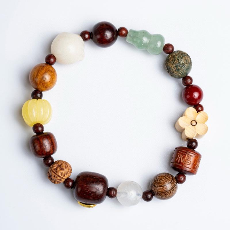 Multicolored Chalcedony Gourd Bracelet with Eighteen Handmade Prayer Beads and Five Sutras