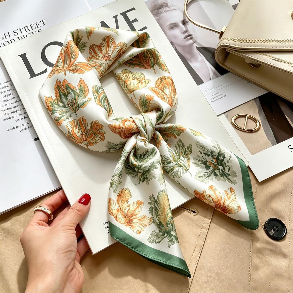 Commuter elegant flower silk scarf women's contrasting color retro printing satin scarf shirt with multi-purpose decorative small scarf