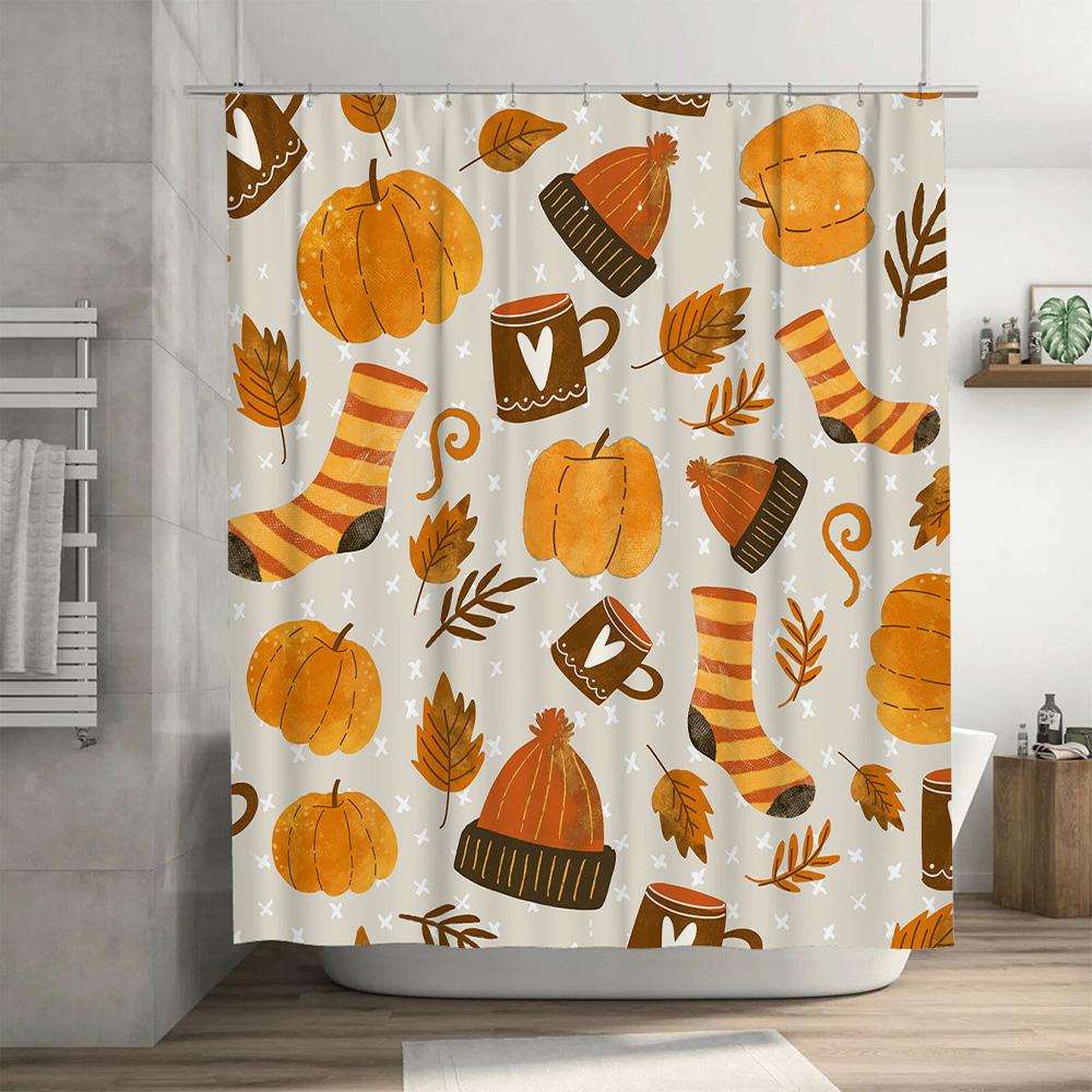 Autumn Harvest Charm: Festive Pumpkin, Knit Hats, and Leaves Pattern Shower Curtain for a Cozy Fall Bathroom Décor