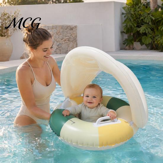 Aufblasbarer Schwimmring Baby mit abnehmbarem Verdeck, Gestreifter Pool Schwimmring Sitz Schwimmgriff, Sonnenschutz Schwimmen für Kleinkinder Kleinkind