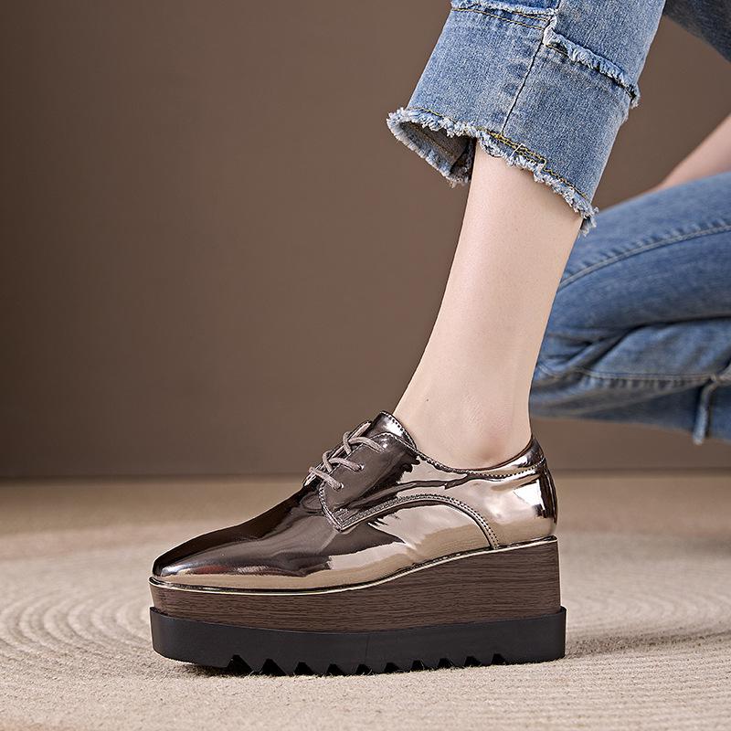 2026 Autumn Women Square Toe Patent Leather Wedge Platform Pumps, British Style Height‑Increase Versatile Thick‑Sole Casual Leather Shoes HZB‑761‑8
