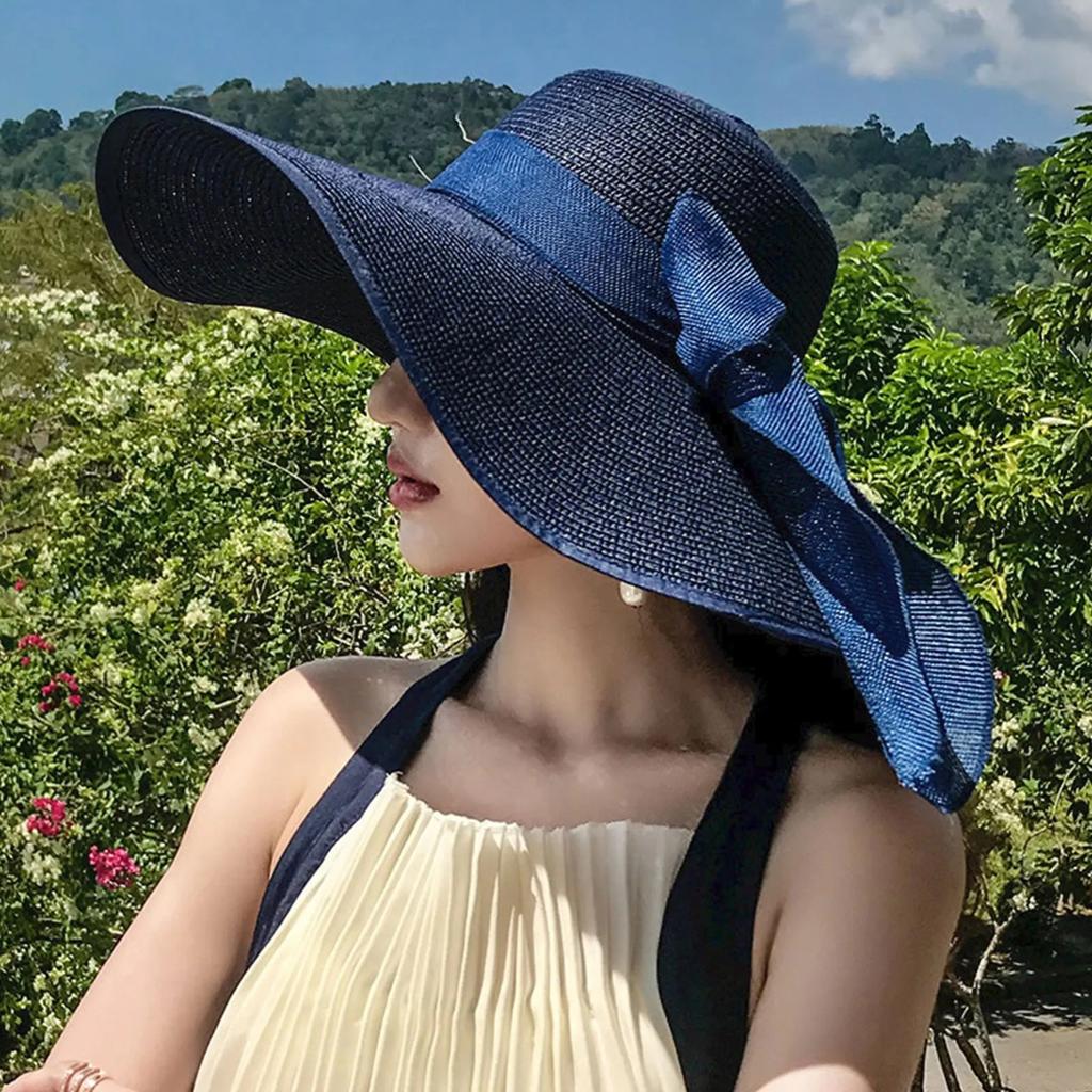 Summer Elegant Beach Sunshade Straw Hat Women's Beach Vacation Sunscreen Knitted Hat Beach Bowknot Wide Brim Floppy Panama Hats