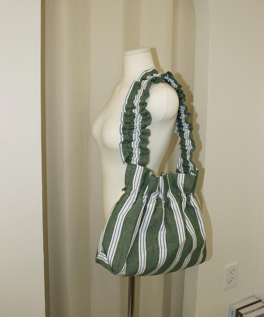 A By A Linen Stripe Shirred Bucket Bag Green