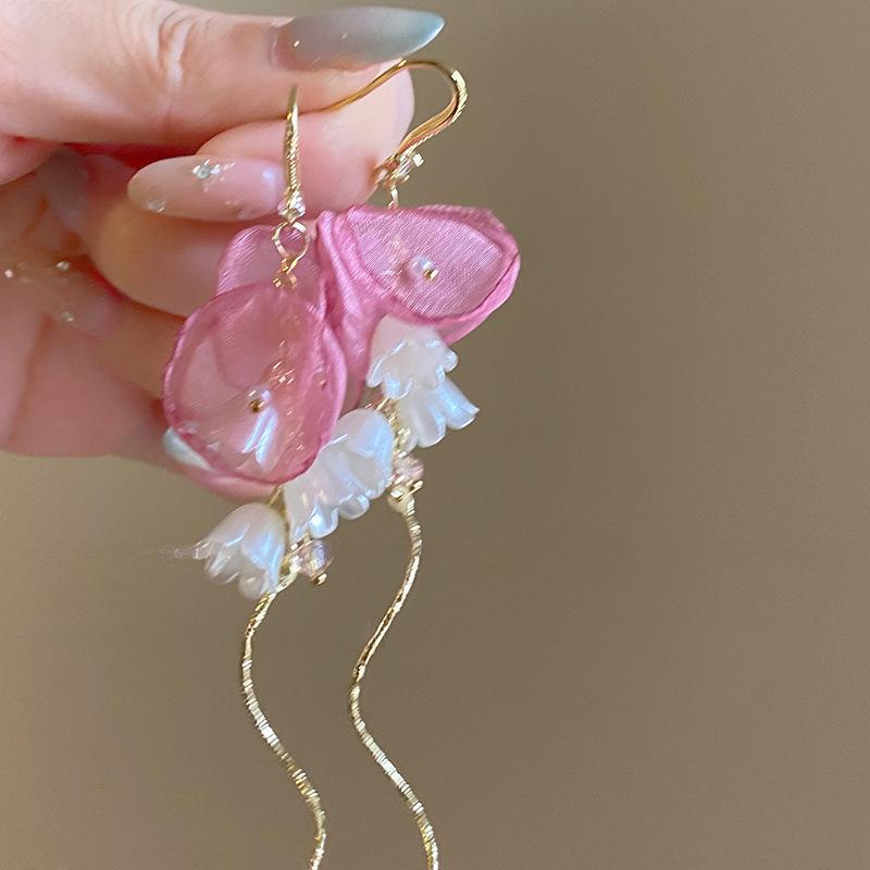 Sweet Fabric Flowers Long Tassel Earrings For Women Sweet Temperament Crystal Drop Dangle Earring Party Wedding Jewelry Gift 2025
