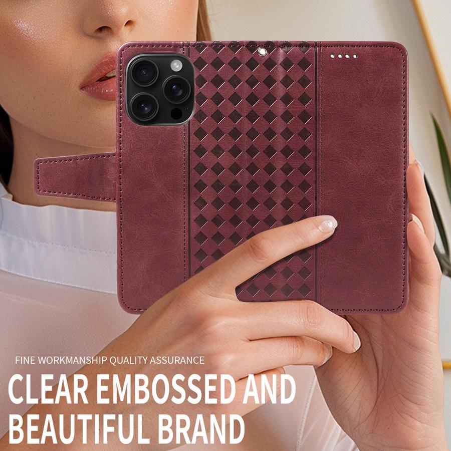 Vintage Embossed Checkered Wallet Case for iPhone/Samsung/Xiaomi 3 Card Slots & Thumb Slot | Cash Pocket Kickstand Phone Case Cover