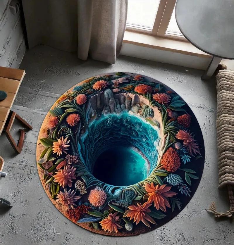3D Vortex Print Round Area Rug – Hypnotic Swirl Carpet for Living Room or Bedroom – Non-Slip Floor Mat, Modern Home Decor