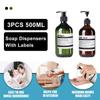 3er-Pack, 500 ml, nachfüllbarer Badezimmer-Flüssigseifenspender mit Pumpe, brauner/grüner Shampoo- und Conditioner-Spender mit 8 Etiketten