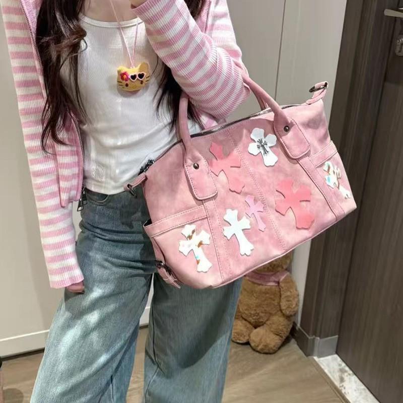 2025 Little Red Book Chrome Hearts Black & White Patchwork Travel Bag with Roman Metal Cross Shoulder Strap