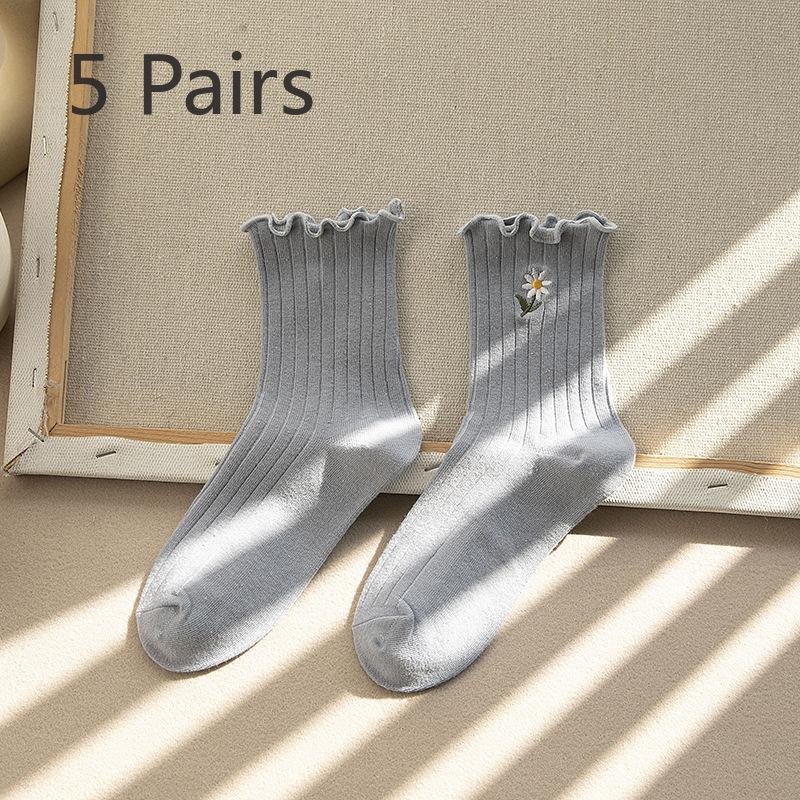 5 Pairs of Female Cotton Sweet Lace Fashion Fungus Edge Floral Embroidery Medium Tube Pile Socks