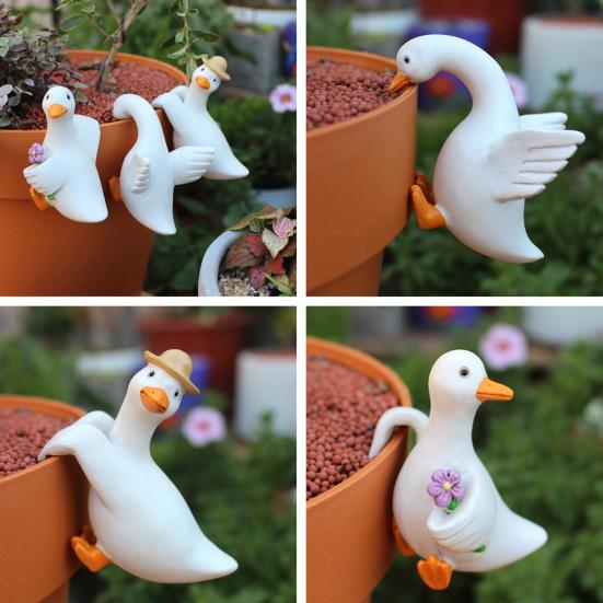 3 Pcs Cute Climbing Duck Garden Statue Funny Resin White Goose Flower Pot Hugger Outdoor Hanging Animal Figurine for Home Garden Patio Lawn Yard