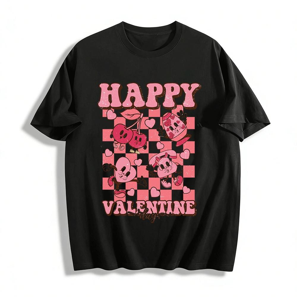 

Happy Valentine s Day Retro Cartoon Print Casual Top Pure cotton T-shirt 6XL