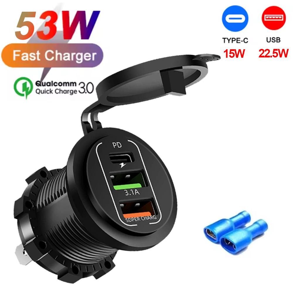 

NEW 117W Dual PD Dual QC 3.0 USB Car Charger with Voltmeter Socket Power Outlet Adapter Waterproof for 12V/24V Car Boat Hot Sale