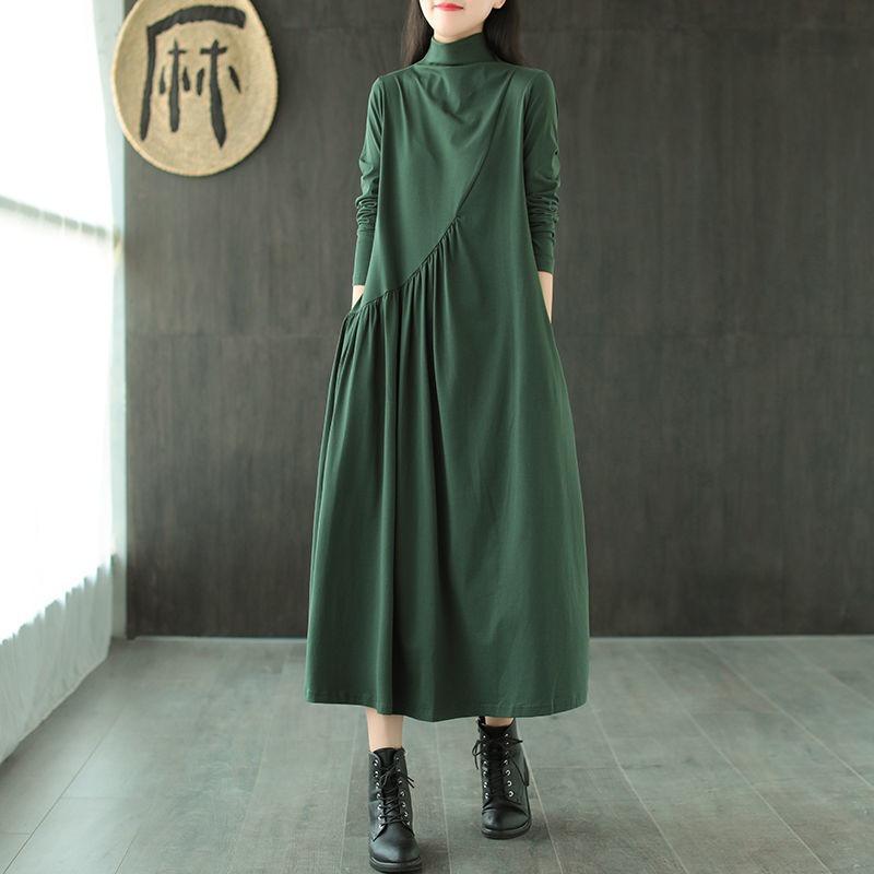 Bottom long-sleeved dress 2026 autumn new literary and retro ethnic style loose and versatile semi-turtleneck medium and long dress L