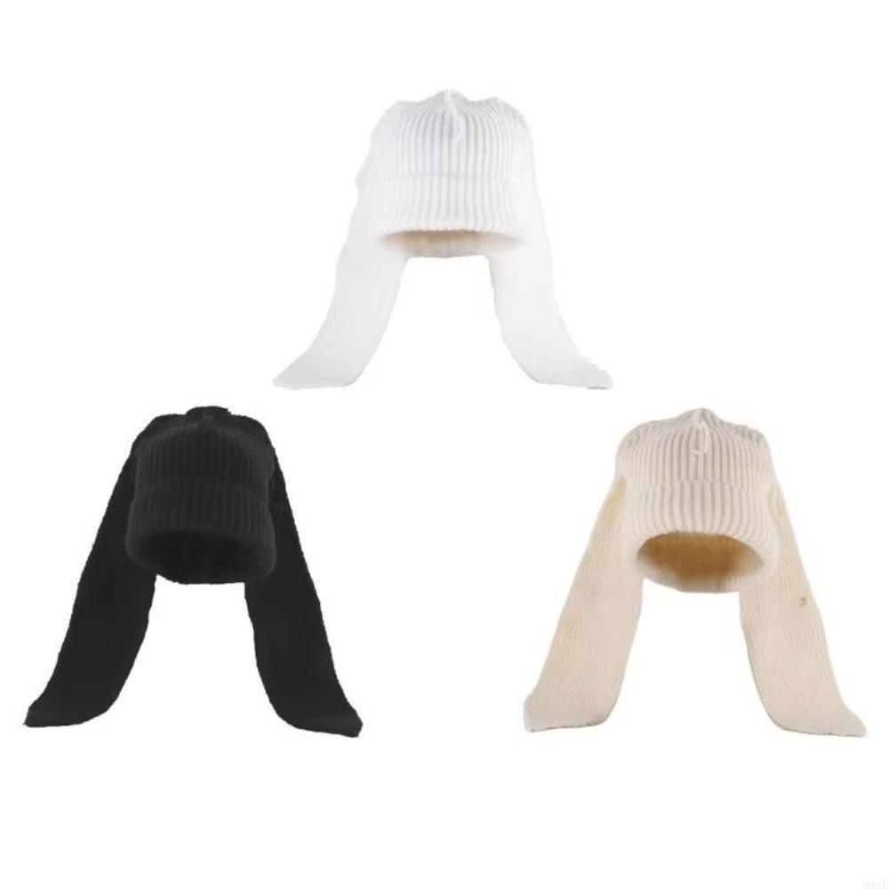 Cartoon Bunny Beanies Hat Solid Color Winter Pullover Hat Cute Rabbit Long Ear Knitted Hat Outdoor