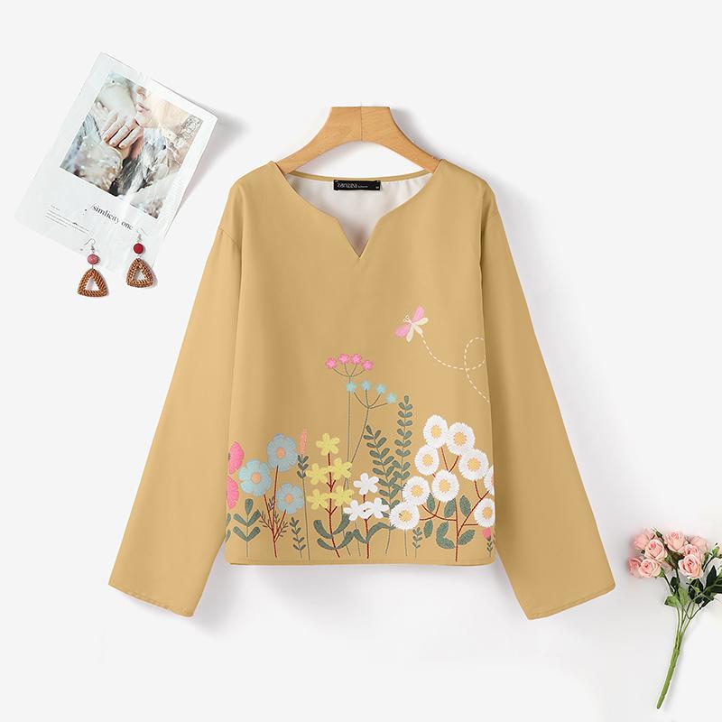 

ZANZEA Женская повседневная блузка с V-образным вырезом и длинным рукавом, свободная с принтом 5XL хаки