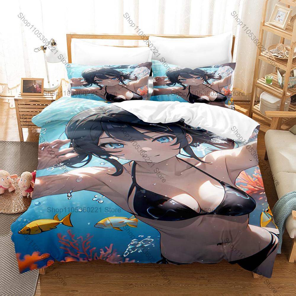 Sakurajima Mai Bedding Set 3Pcs Black Hair Anime Girl Pattern Soft Microfiber For Otaku Fans All Season Bedding